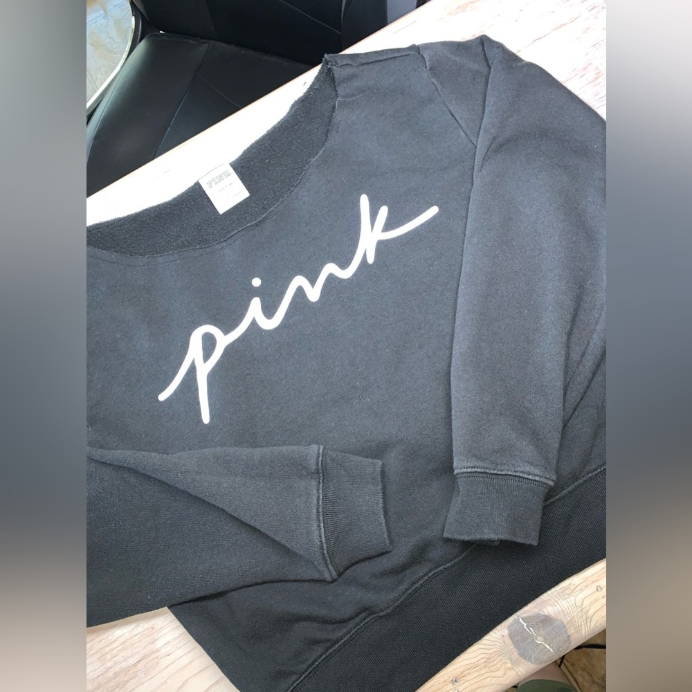 Pink Victoria’s Secret Logo Black Wide Neck Cropped Long Sleeve Sweatshirt